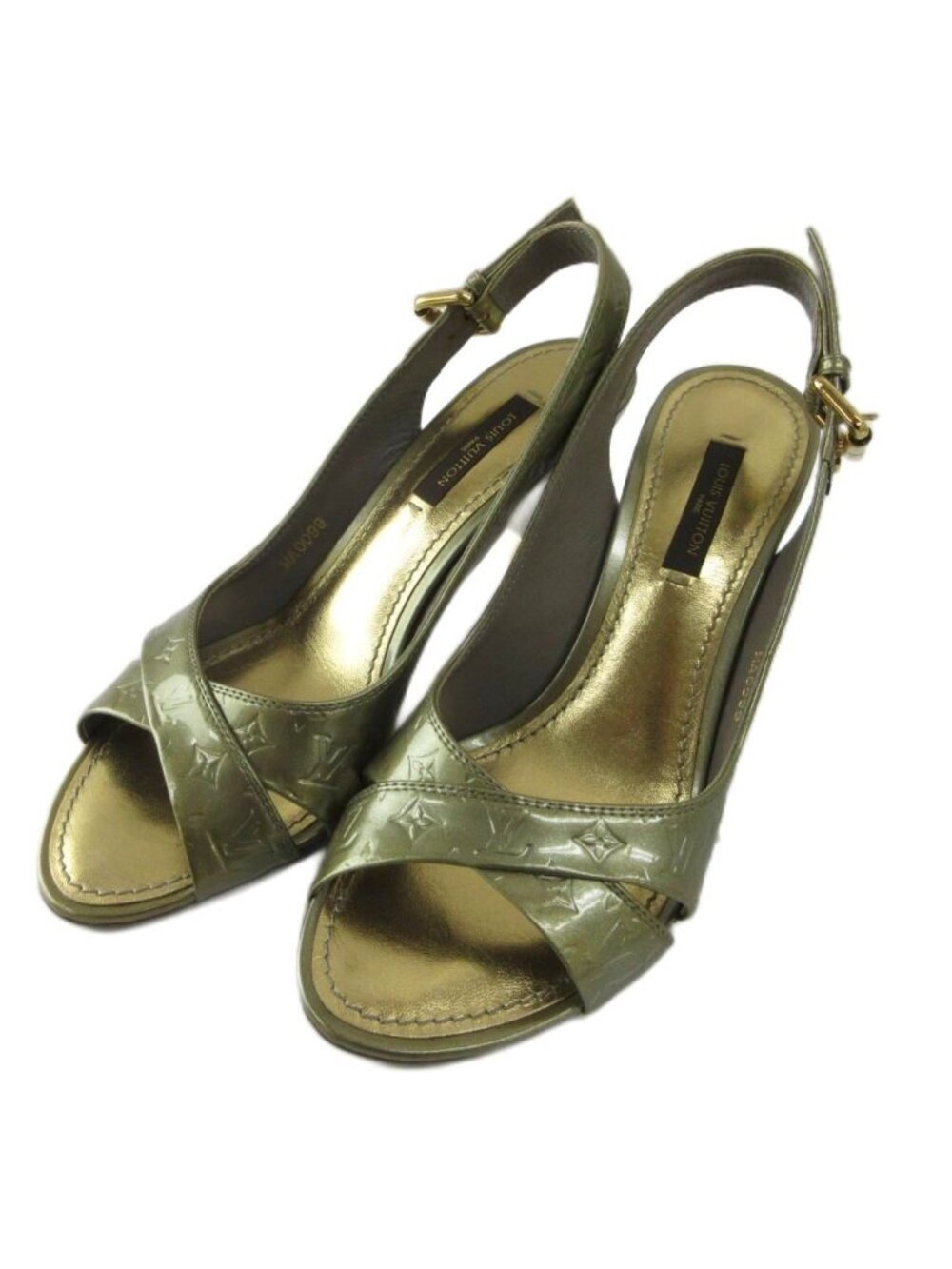 Louis Vuitton Monogram Vernis Sandals Patent Open Toe High Heels Embossed Ankle
